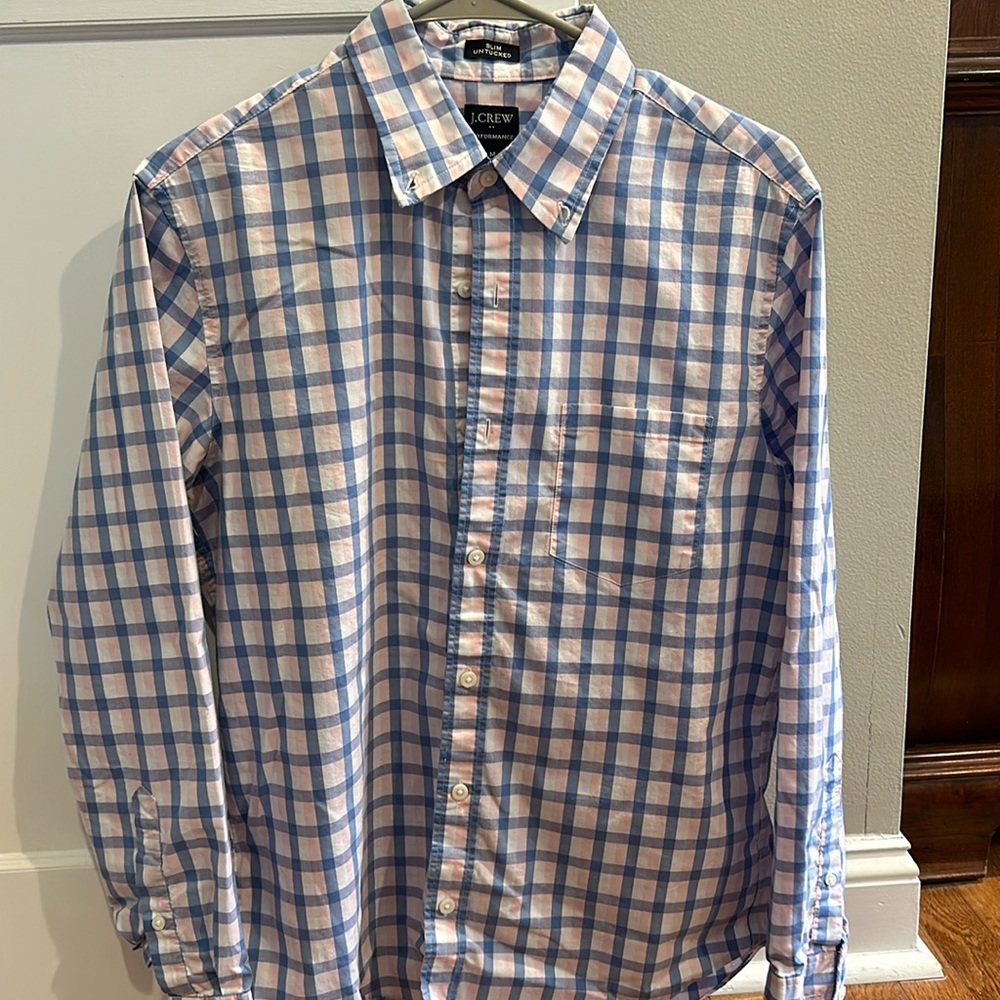 Jcrew factory adult medium pink and blue gingham check button down.slim fit